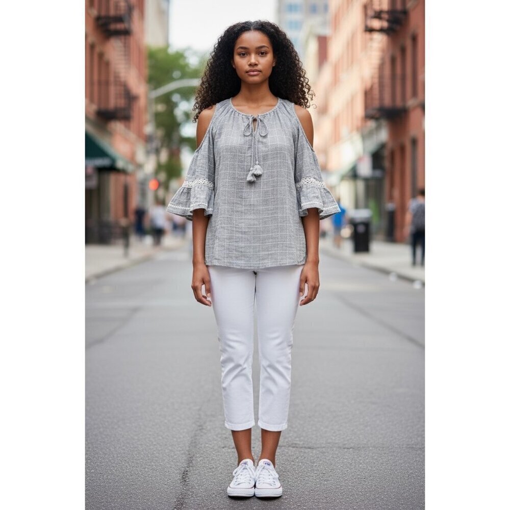 L Love Women's Cold Shoulder Grey & White Top